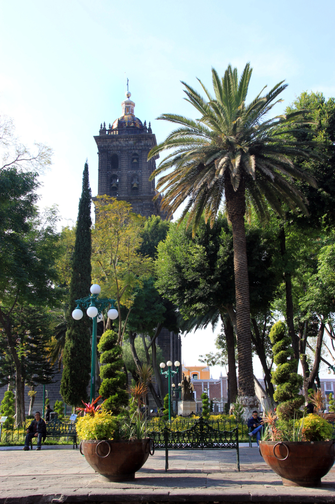 The central parc and the cathedral of Puebla
