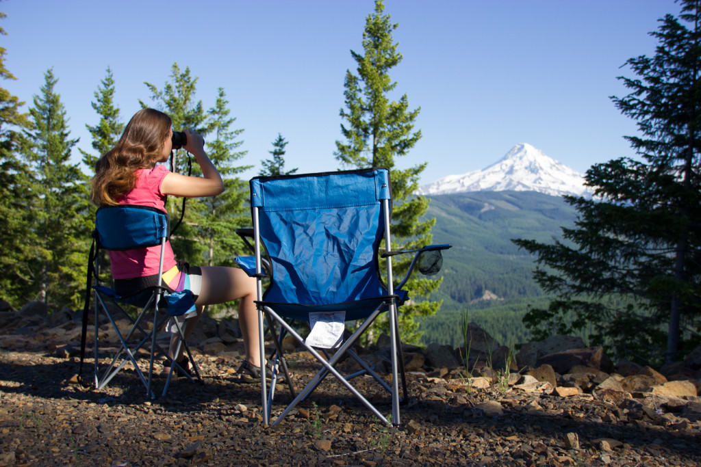 Janina putting her parting gift binoculars to good use near Mount Hood